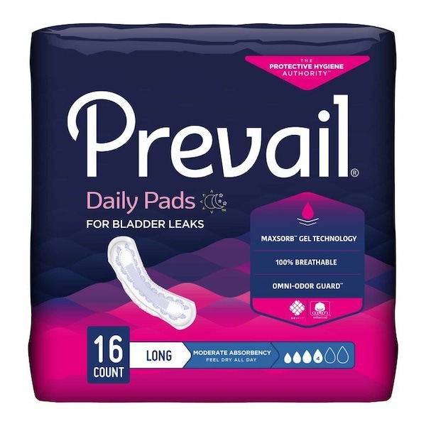 Prevail Daily Pads Bladder Control Pad 11 Inch Length Moderate Absorbency Polymer Core One Size Fits Most, 16PK BC-013 - main